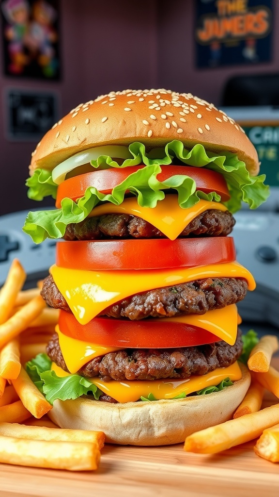 A towering 8-bit burger with beef patty, cheese, lettuce, and tomato, served with fries and a gaming console.